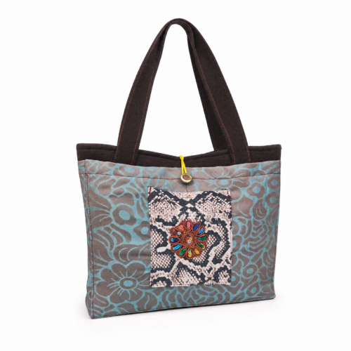 Bolso Tote Azul, Marrón y Detalles Amarillos