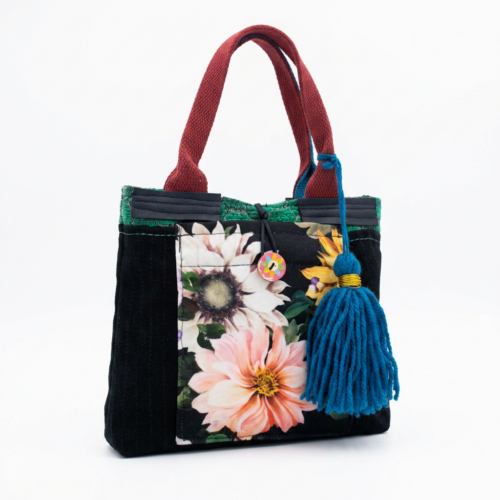 Bolso de Mano Negro, Floral y Azul