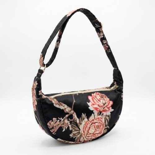 Bolso Bandolera Negro con Flores Rosas